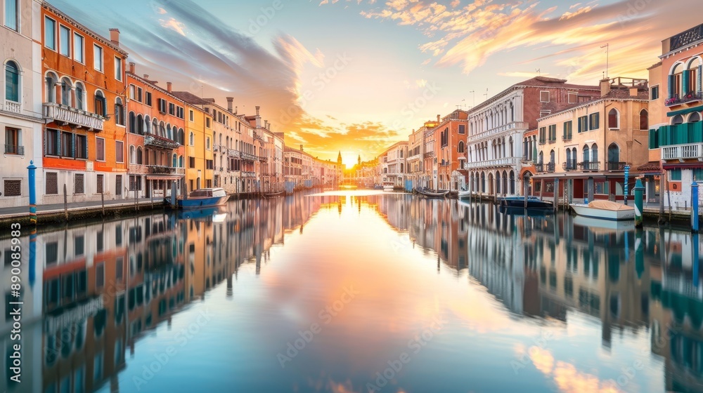 Obraz premium Venetian canal at sunset with colorful buildings and reflections in the water