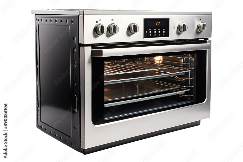 Modern Stainless Steel Oven With Glowing Interior and Two Empty Racks Ready for Baking on a Clear PNG or White Background. Modern Stainless Steel Oven With Glowing Interior and Two Empty Racks Ready for Baking on a Clear PNG or White Background.