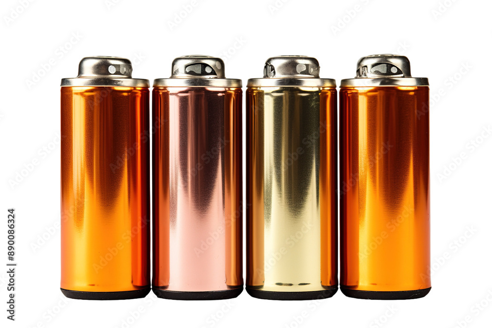 A Row of Four Metallic Lighters With Shiny Finishes: Four Lighters, Each With a Different Metallic Finish, Stand in a Row on a Clear PNG or White Background. A Row of Four Metallic Lighters With Shiny Finishes: Four Lighters, Each With a Different Metallic Finish, Stand in a Row on a Clear PNG or White Background.