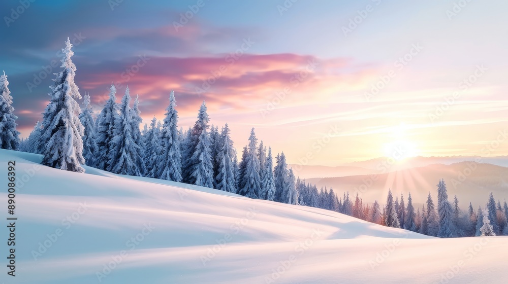 winter wonderland with snow-covered trees and a sunset casting colorful hues winter wonderland with snow-covered trees and a sunset casting colorful hues