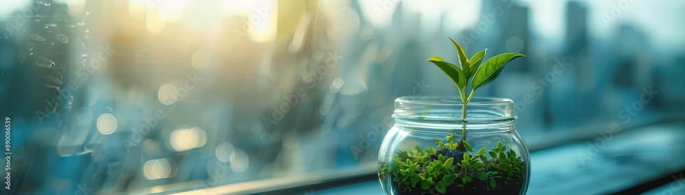Small Plant in Glass Jar with Urban Skyline Background at Sunrise Small Plant in Glass Jar with Urban Skyline Background at Sunrise