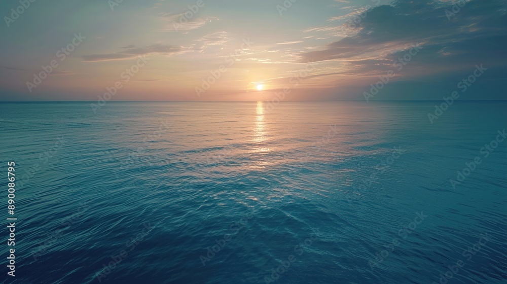 Obraz premium A serene seascape at dusk, with silky smooth water and vibrant colors painted by the long exposure of the setting sun casting its warm glow on the horizon.