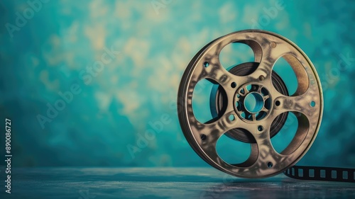 Vintage film reel on blue artistic background