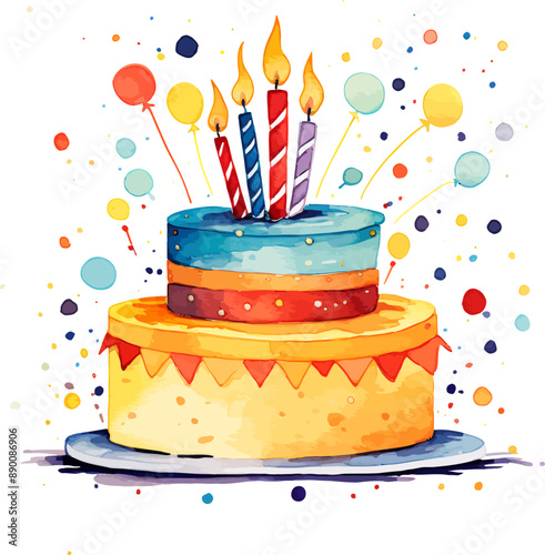 Watercolor Birthday Cake Vector Illustration.
