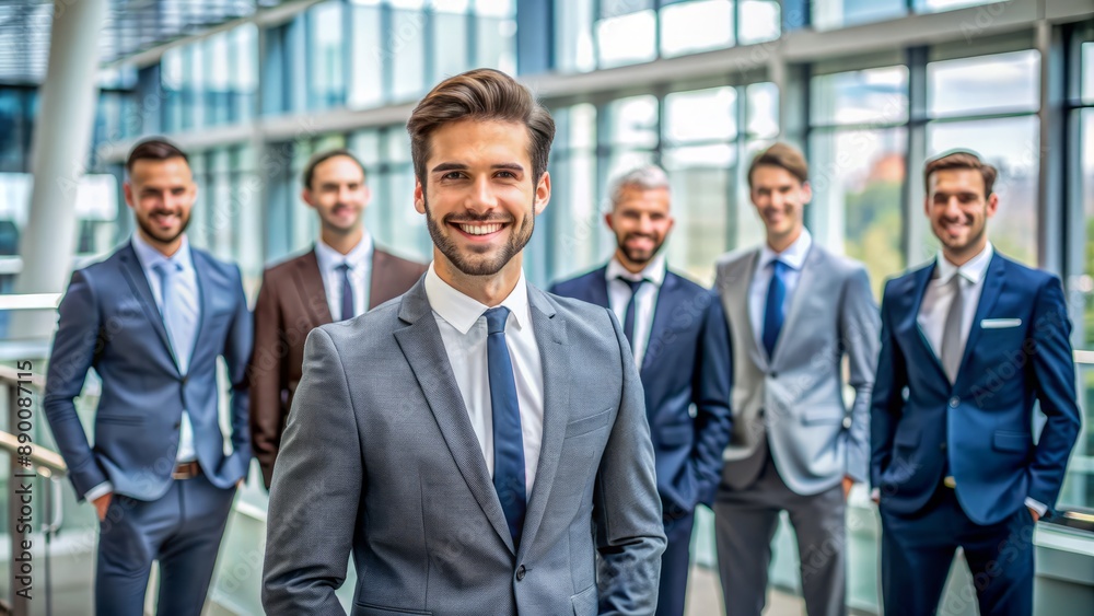 Portrait of a smiling handsome confident businessman standing in modern office building looking at the camera with successful Happy Young Male Worker. Business People. Portrait of a smiling handsome confident businessman standing in modern office building looking at the camera with successful Happy Young Male Worker. Business People.