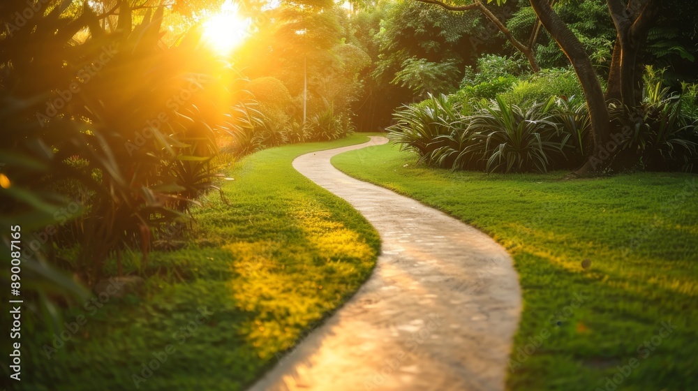Serene Garden Pathway at Sunset with Lush Greenery and Golden Sunlight Serene Garden Pathway at Sunset with Lush Greenery and Golden Sunlight