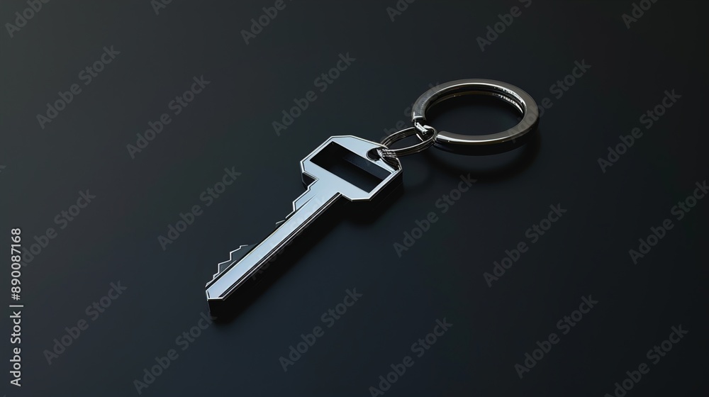 A sleek metallic keychain featuring a minimalist design, gleaming against a solid black background. A sleek metallic keychain featuring a minimalist design, gleaming against a solid black background.