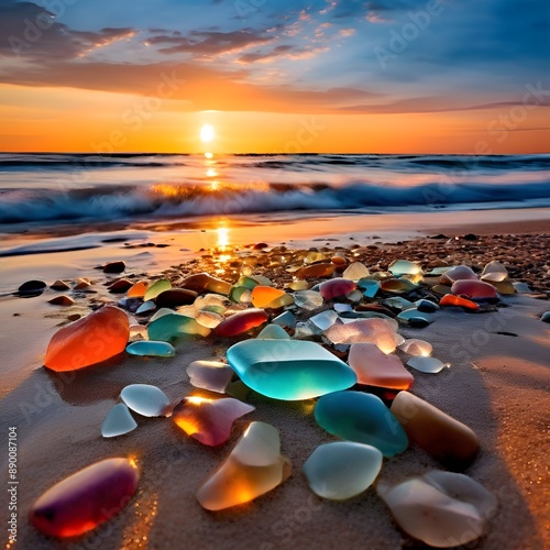 a pile of colorful rocks sitting on a beach at sunset. The rocks are smooth and round, and there are many different colors including red, orange, yellow, and blue. The sunlight casts long shadows behi photo