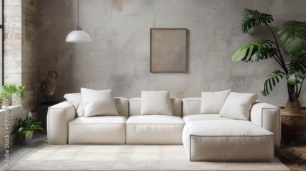 Modern Minimalist Living Room with White Sofa, Indoor Plants, and Natural Light Modern Minimalist Living Room with White Sofa, Indoor Plants, and Natural Light