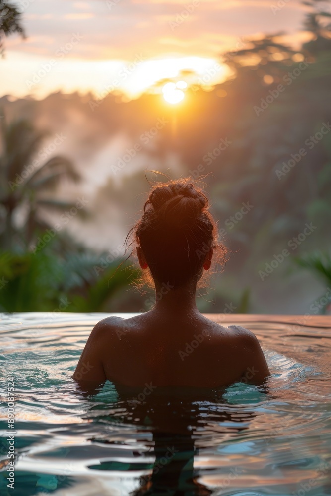 Woman Relaxing in Infinity Pool at Sunset with Tropical Jungle Background Woman Relaxing in Infinity Pool at Sunset with Tropical Jungle Background