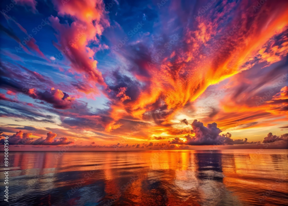 Φωτογραφία Vibrant orange and pink hues dance across the sky as a serene sunset descends over the calm ocean, surrounded by majestic clouds and seaward silence