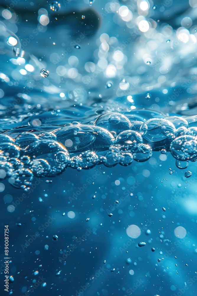Close-Up of Bubbles in Clear Blue Water with Sparkling Light Reflections