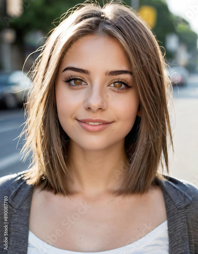 Beautiful young woman with brown hair is smiling outdoors in an urban setting