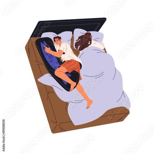 Couple sleeps together top view. People have a rest, nap in bed. Sleepless boy with insomnia uses smartphone while asleep girl relaxes on pillow. Flat isolated vector illustration on white background