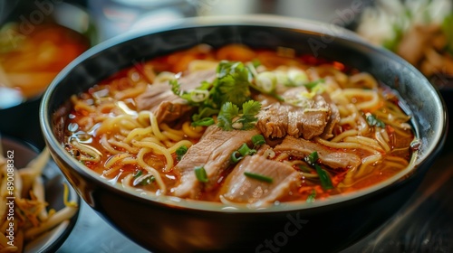 The national cuisine of Thailand. Soup with noodles and pork. 