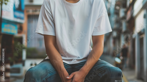 A man wearing a plain white T-shirt.