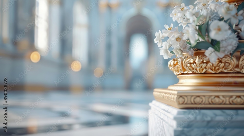 A majestic gold podium with sculpted lions and floral motifs in a palace hall. A majestic gold podium with sculpted lions and floral motifs in a palace hall.