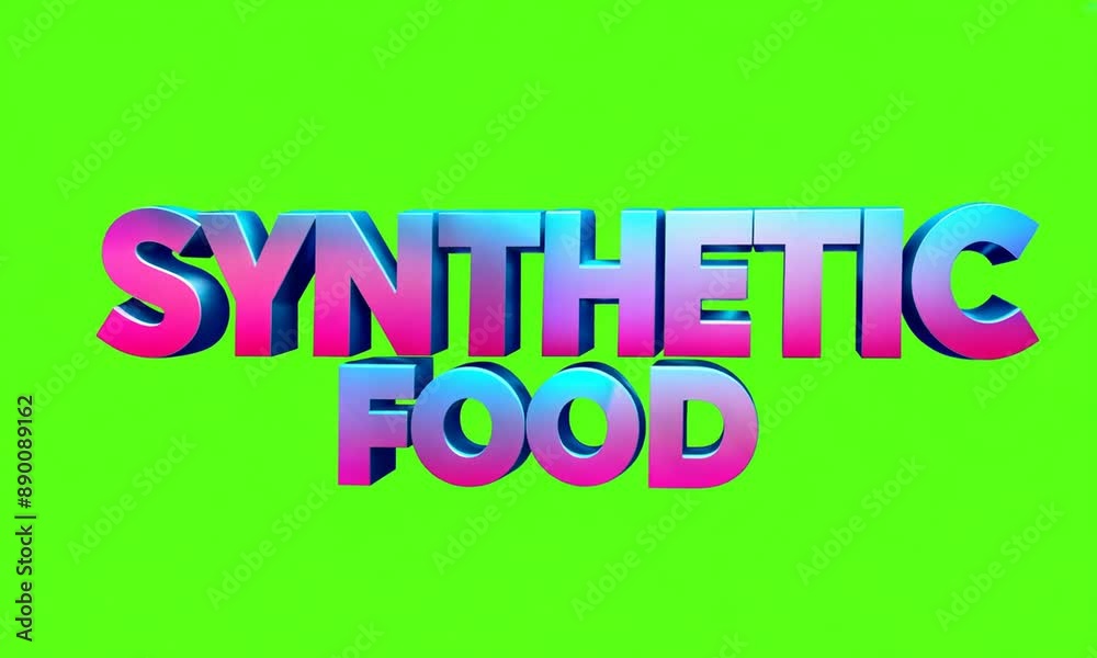 3D animation of the words 'Synthetic Food' on a green screen background, symbolization of technology and futuristic advancements. 3D animation of the words 'Synthetic Food' on a green screen background, symbolization of technology and futuristic advancements.