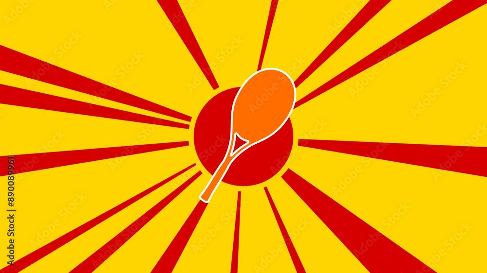 Tennis racket symbol on the background of animation from moving rays of the sun. Large orange symbol increases slightly. Seamless looped 4k animation on yellow background Tennis racket symbol on the background of animation from moving rays of the sun. Large orange symbol increases slightly. Seamless looped 4k animation on yellow background