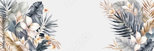 Elegant floral arrangement featuring delicate flowers and tropical leaves on a white background. Perfect for nature-inspired designs and decor.