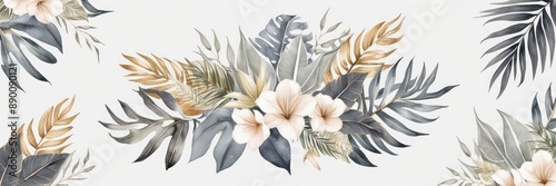 Elegant floral arrangement featuring delicate flowers and tropical leaves on a white background. Perfect for nature-inspired designs and decor.