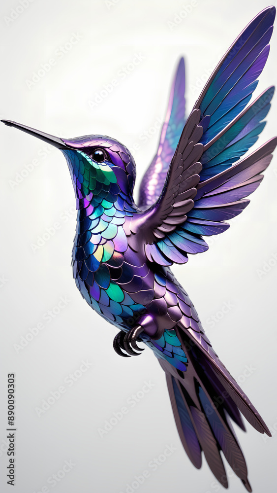 Fototapeta premium A majestic hummingbird sculpted from iridescent metallic blue and purple hues