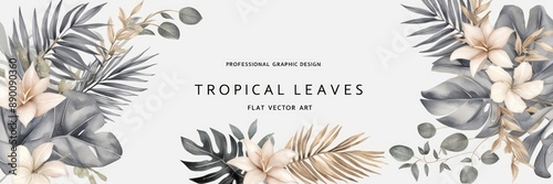 Elegant floral arrangement featuring delicate flowers and tropical leaves on a white background. Perfect for nature-inspired designs and decor.