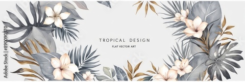 Elegant floral arrangement featuring delicate flowers and tropical leaves on a white background. Perfect for nature-inspired designs and decor.