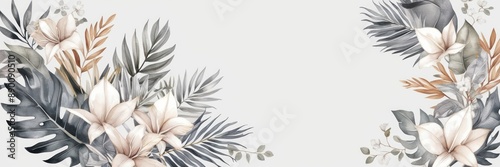 Elegant floral arrangement featuring delicate flowers and tropical leaves on a white background. Perfect for nature-inspired designs and decor.