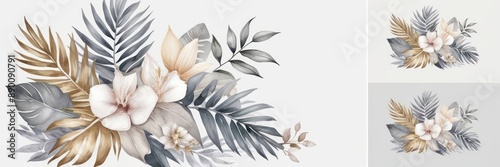 Elegant floral arrangement featuring delicate flowers and tropical leaves on a white background. Perfect for nature-inspired designs and decor.