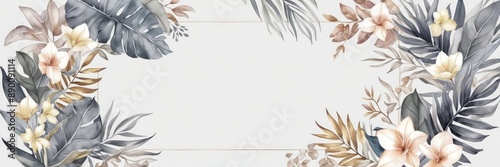 Elegant floral arrangement featuring delicate flowers and tropical leaves on a white background. Perfect for nature-inspired designs and decor.