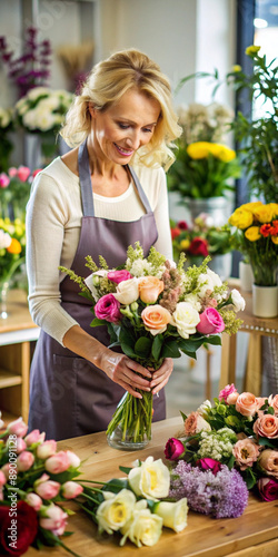 A smiling florist arranges a beautiful bouquet of colorful flowers in a bright shop, showcasing creativity and love for floral art and arrangements