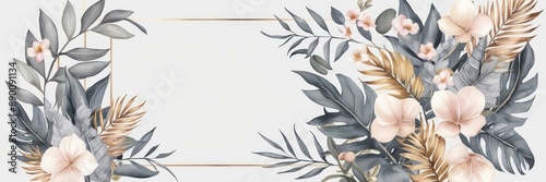 Elegant floral arrangement featuring delicate flowers and tropical leaves on a white background. Perfect for nature-inspired designs and decor.