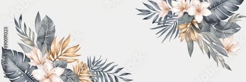 Elegant floral arrangement featuring delicate flowers and tropical leaves on a white background. Perfect for nature-inspired designs and decor.