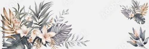 Elegant floral arrangement featuring delicate flowers and tropical leaves on a white background. Perfect for nature-inspired designs and decor.