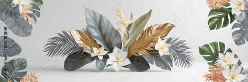 Elegant floral arrangement featuring delicate flowers and tropical leaves on a white background. Perfect for nature-inspired designs and decor.