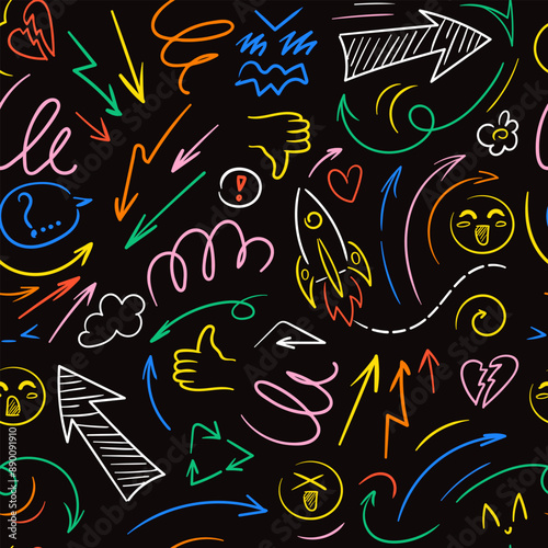 Colorful Seamless pattern Doodle lines, arrows, circles and curves vector, kawaii emoji. Peech balloon, speech bubble. Hand drawn illustration for wallpaper, fabric, wrapping, background.