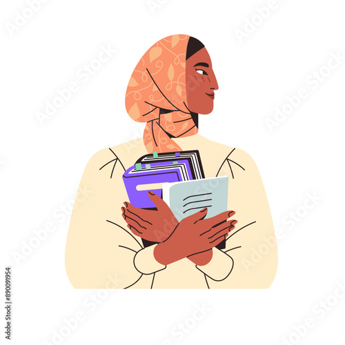 Muslim young woman face, avatar. Happy Islamic girl in hijab holds books, textbooks in hands side view portrait. Exchange student user profile. Flat isolated vector illustration on white background