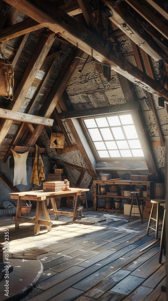 Fototapeta premium Cozy attic renovation. Tranquil living space transformation concept