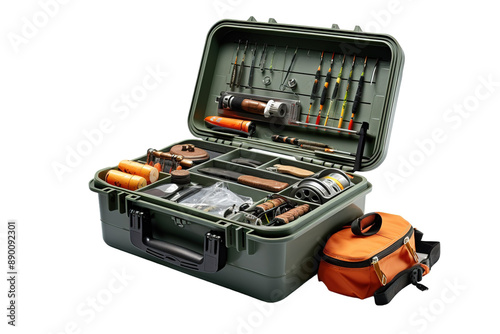 An Angler's Arsenal: A Well-Equipped Tackle Box Ready for the Day's Catch on a Clear PNG or White Background.