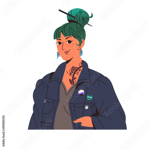 Non binary person avatar with LGBT badge. Face of hipster girl with tattoo. Young woman with bright hair, earrings portrait for user profile. Flat isolated vector illustration on white background