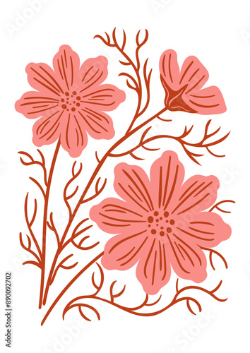 Cosmea. Modern flowers, decorative pattern of pastel colors in geometric shapes. Abstract groovy botanical poster. Aesthetic vector vintage illustration.