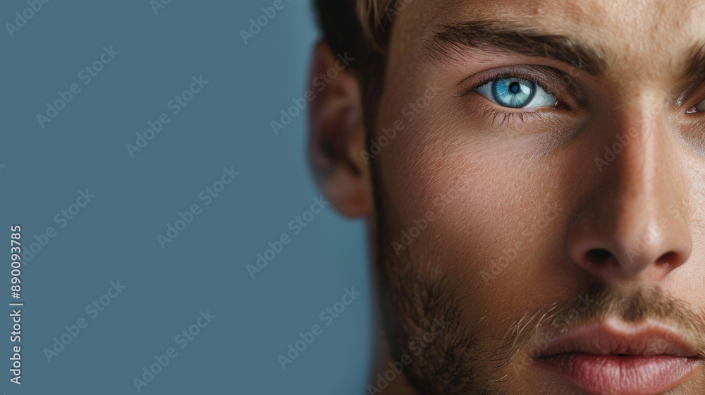 Obraz premium A close-up view of a man with striking blue eyes, showcasing the clarity and intensity of his gaze