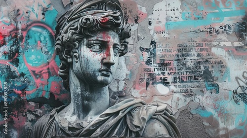 antique statue painted and painted with graffiti style inscriptions, modern art, street art
