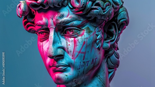 antique statue painted and painted with graffiti style inscriptions, modern art, street art