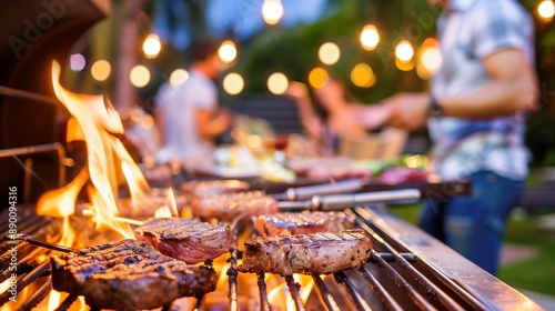 An outdoor scene of a family barbecue, with a focus on the grill where multiple steaks are cooking, surrounded by people enjoying the summer evening, laughing and chatting