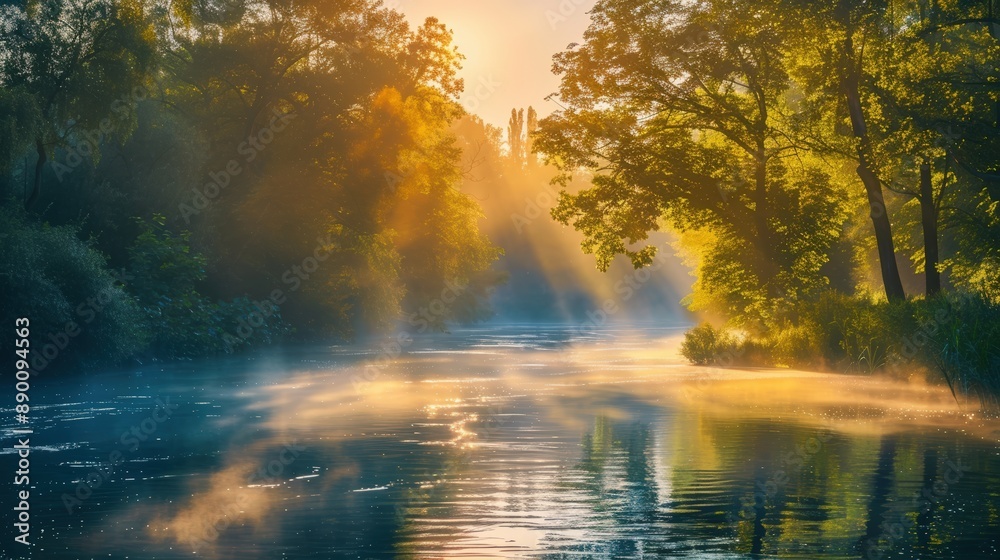 The sun is shining through the trees and reflecting on the water
