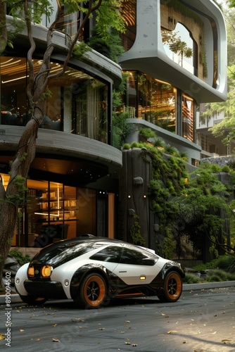 Futuristic Electric Car Parked Outside a Modern Eco-Friendly Building with Lush Greenery