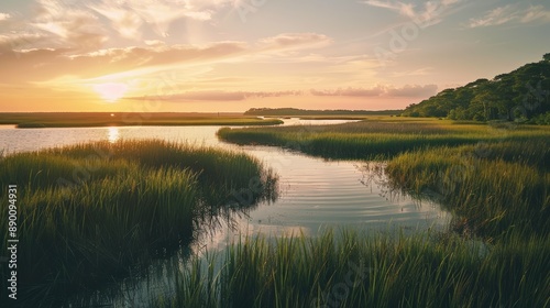 A beautiful sunset over a lake with a lot of grass