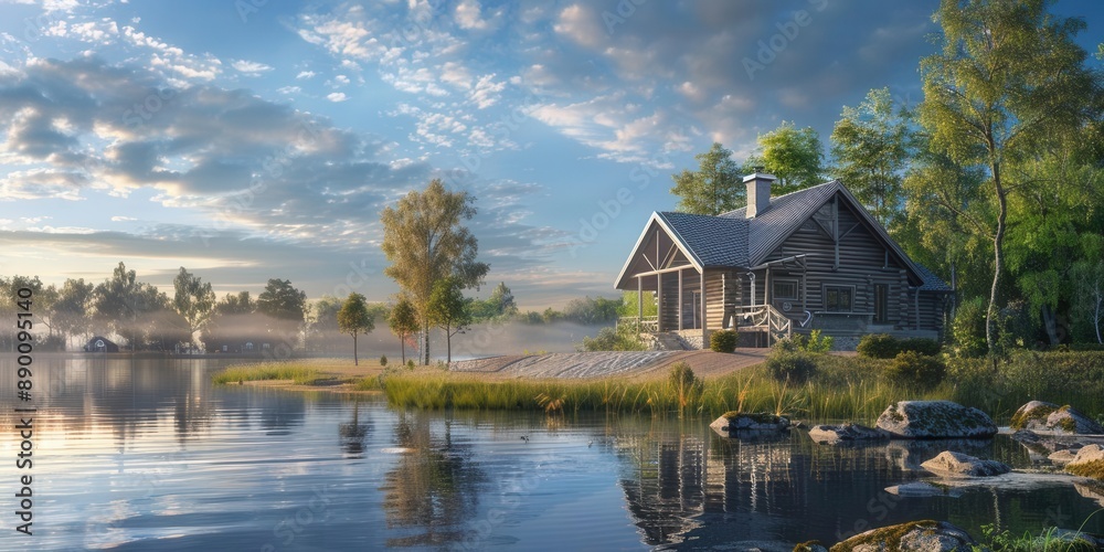Obraz premium Tranquil Retreat. Inviting cottage surrounded by nature